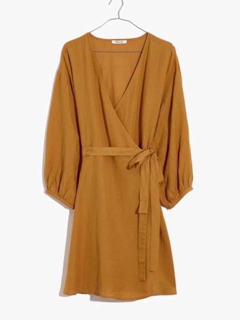 Madewell NWT Linen Blend Balloon Sleeve Wrap Mini Dress XS Mustard Yellow Autumn
